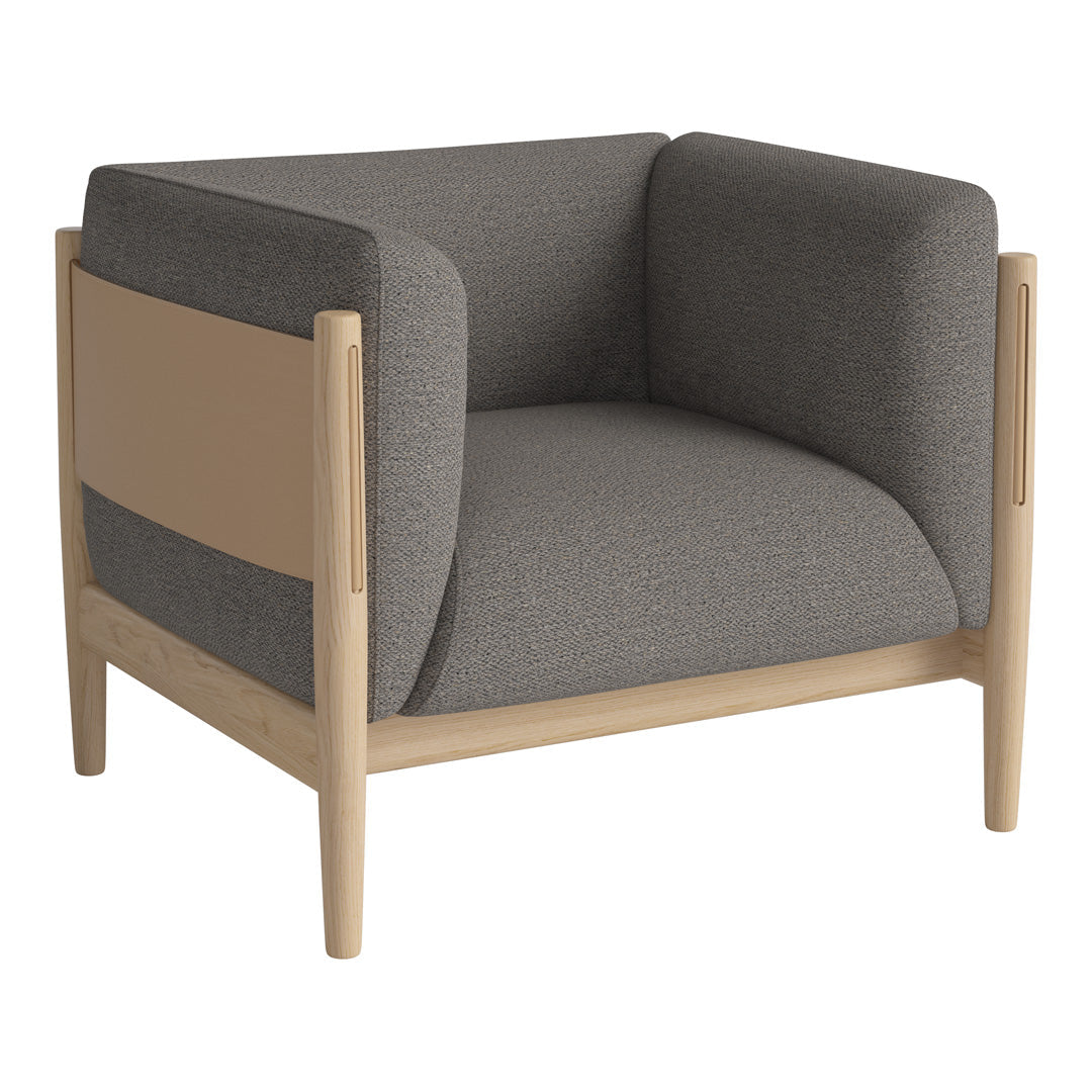 Gray upholstered armchair with light wood frame and smooth, minimalist design. Perfect for modern interiors.