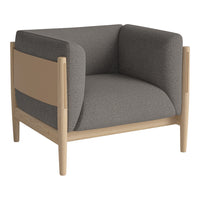 Gray upholstered armchair with light wood frame and smooth, minimalist design. Perfect for modern interiors.