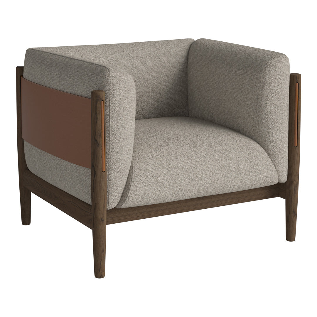 Gray upholstered armchair with brown accents and a minimalist wooden frame, featuring a solid color pattern.