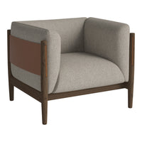 Gray upholstered armchair with brown accents and a minimalist wooden frame, featuring a solid color pattern.