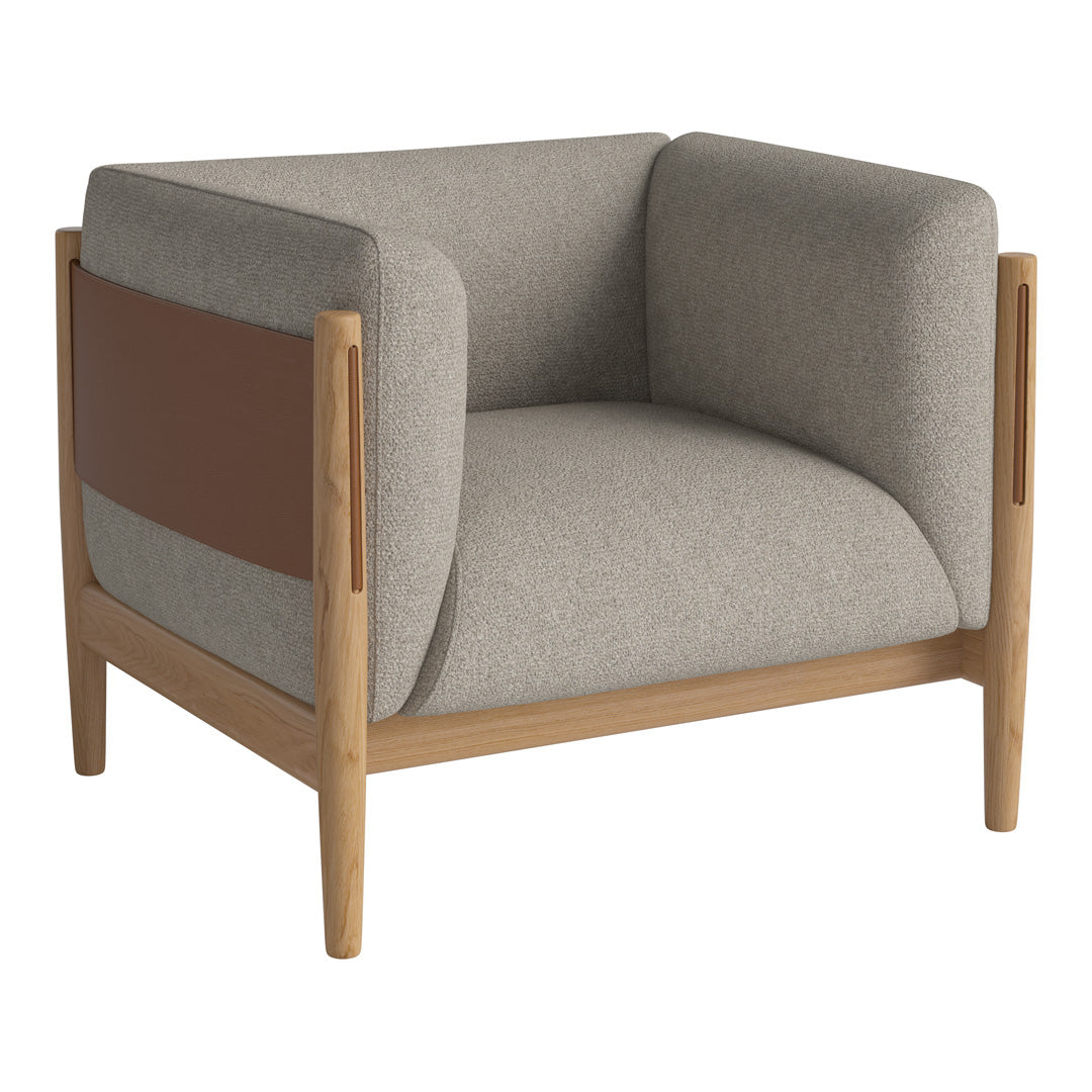 Modern armchair featuring a gray fabric with a brown accent and light wood frame, offering a stylish, minimalist design.