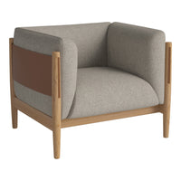 Modern armchair featuring a gray fabric with a brown accent and light wood frame, offering a stylish, minimalist design.