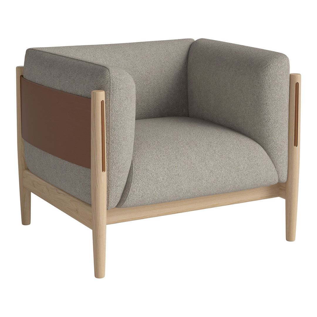 Gray upholstery with a brown accent panel, featuring a minimalist wooden frame. Modern and stylish design.