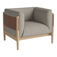Gray upholstery with a brown accent panel, featuring a minimalist wooden frame. Modern and stylish design.