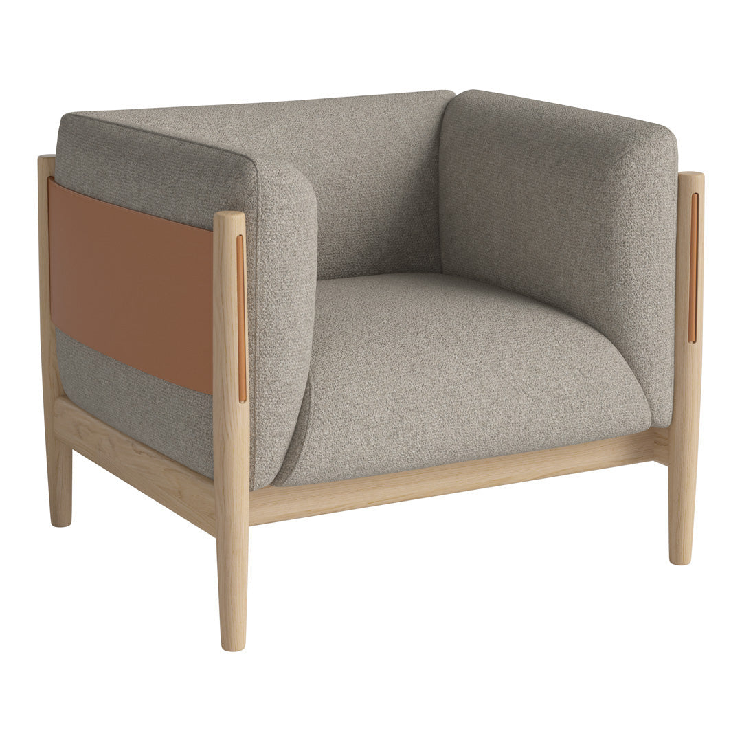 Gray upholstered armchair with tan accent and light wooden frame, featuring a sleek, modern design.