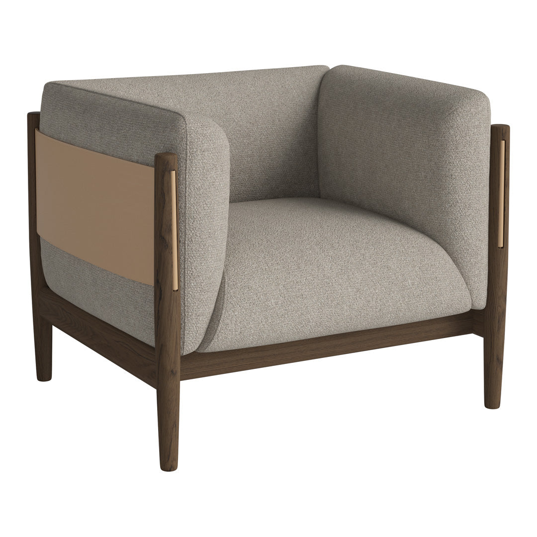 Gray and beige upholstered armchair with a sleek wooden frame, featuring smooth, minimalist design lines.
