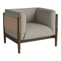 Gray and beige upholstered armchair with a sleek wooden frame, featuring smooth, minimalist design lines.
