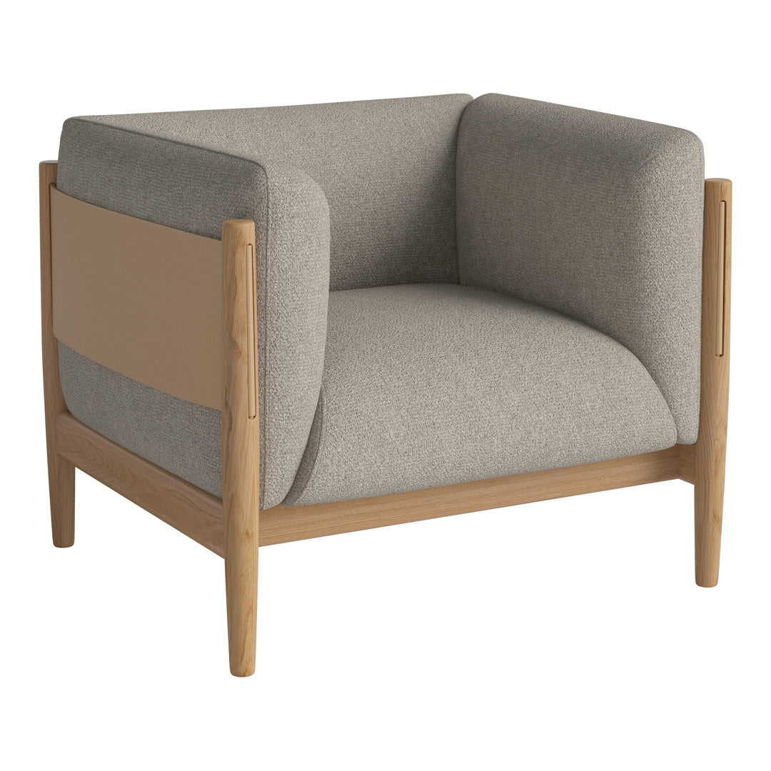 Stylish armchair featuring light gray upholstery and natural wood accents with a smooth, modern design.