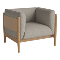 Stylish armchair featuring light gray upholstery and natural wood accents with a smooth, modern design.