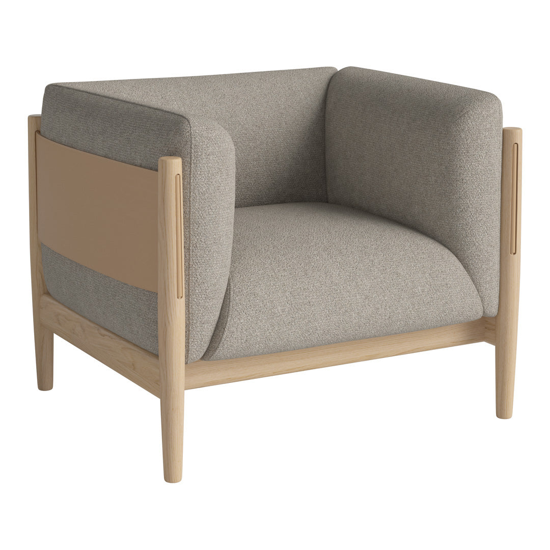 Light gray upholstered chair with a beige accent and natural wooden frame, featuring a smooth, minimalist design.