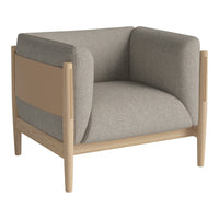 Light gray upholstered chair with a beige accent and natural wooden frame, featuring a smooth, minimalist design.