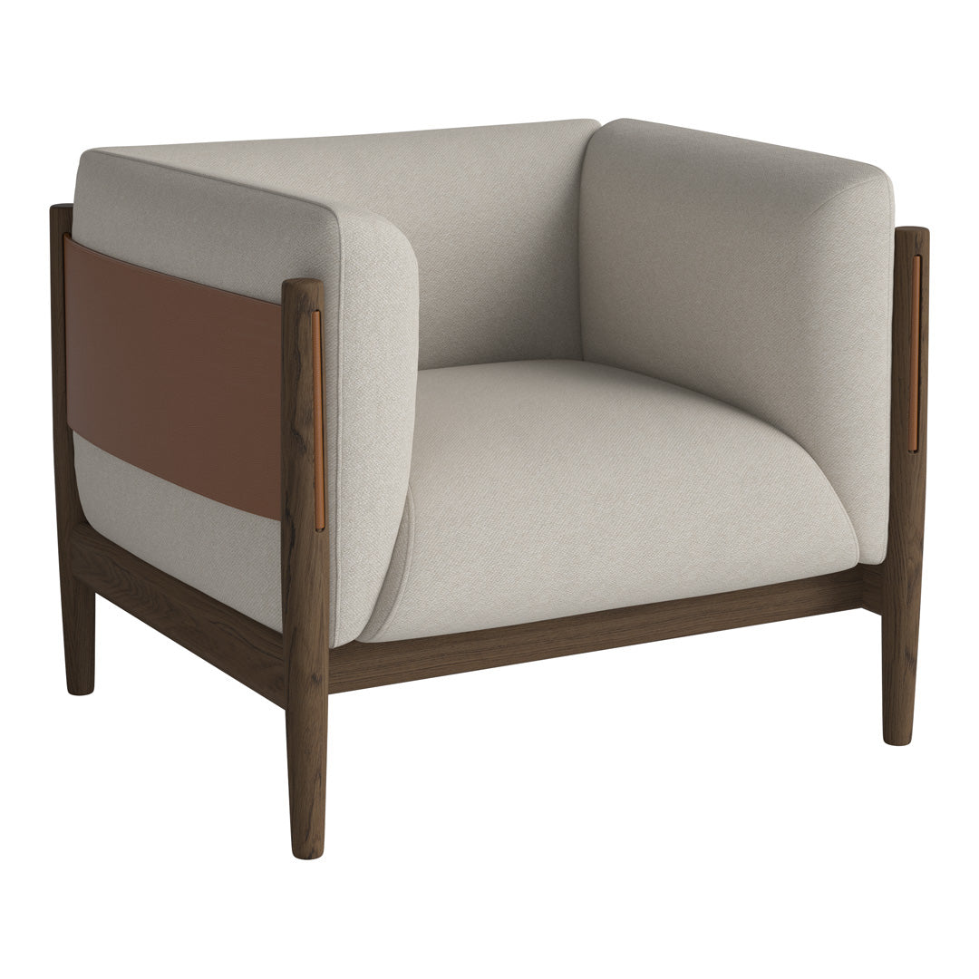 Beige and brown accent chair with a modern design and wood legs, featuring a contrasting colored side panel.