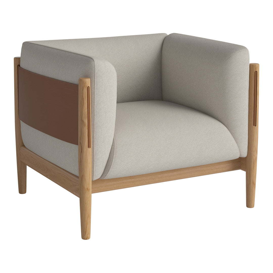 Beige and brown patterned chair with wooden legs, featuring a modern design and comfortable, soft upholstery.