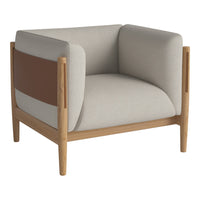 Beige and brown patterned chair with wooden legs, featuring a modern design and comfortable, soft upholstery.