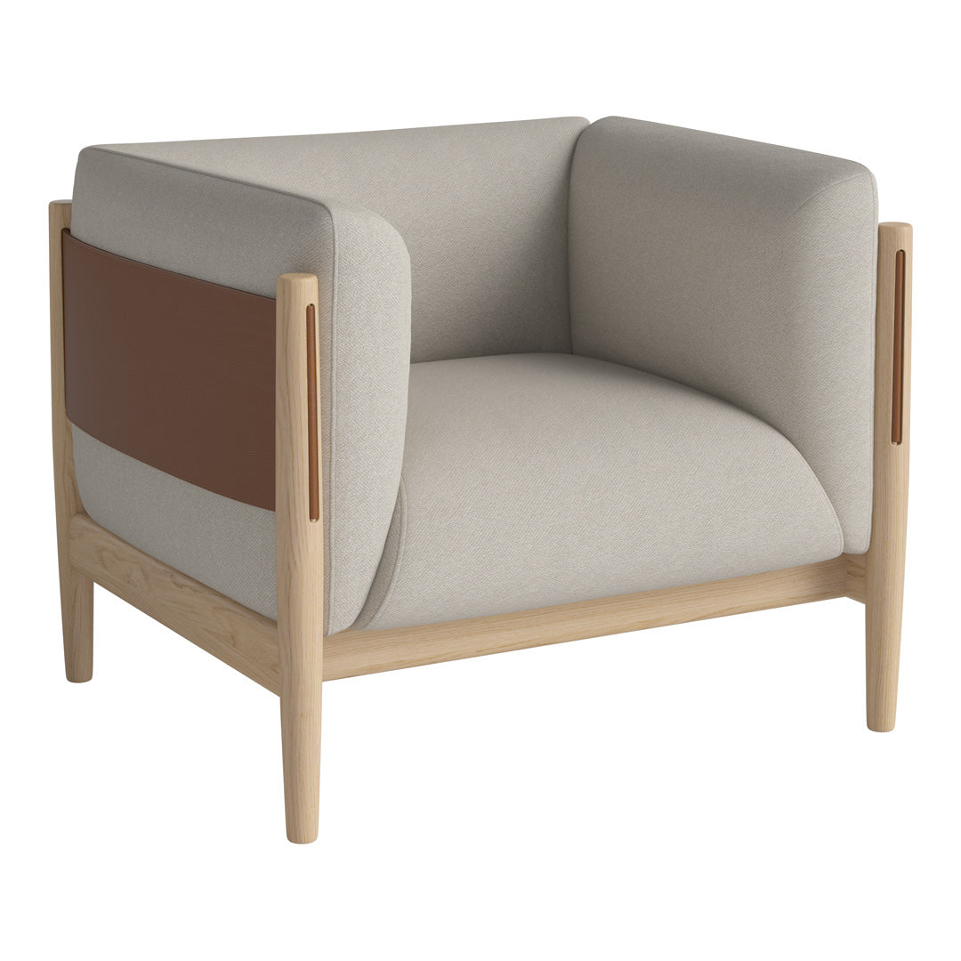 Modern armchair featuring beige upholstery and a brown accent panel, complemented by a natural wood frame.