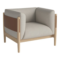 Modern armchair featuring beige upholstery and a brown accent panel, complemented by a natural wood frame.