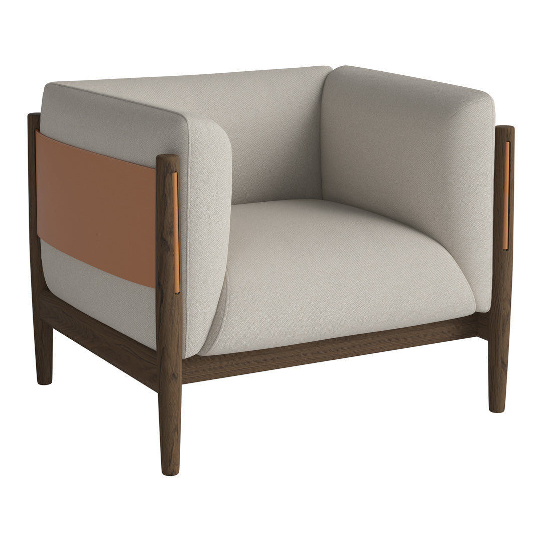 Light beige armchair with a contrasting brown wood frame and a warm terracotta accent. Modern and stylish design.