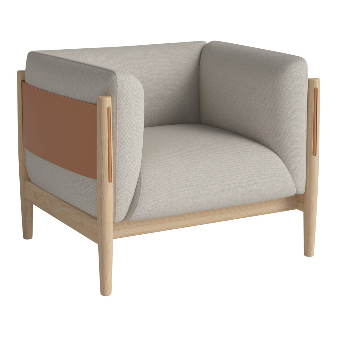 Light gray fabric chair with a tan accent panel and natural wooden legs, featuring a minimalist design.