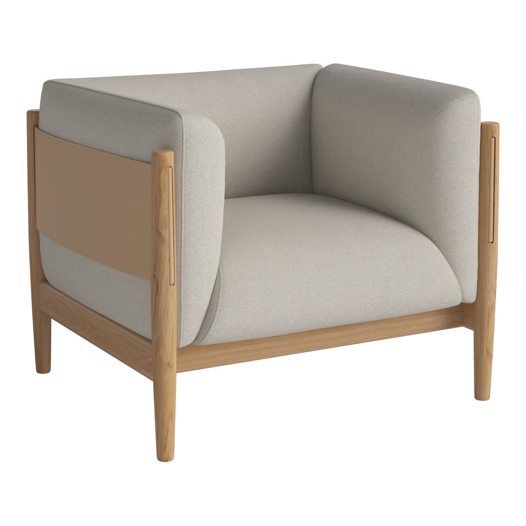 Light gray fabric armchair with natural wood frame and soft beige accents, featuring a minimalist design.