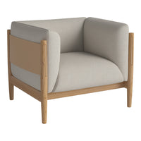 Light gray fabric armchair with natural wood frame and soft beige accents, featuring a minimalist design.