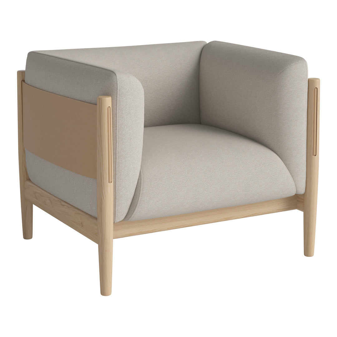 Beige and light brown armchair with a minimalist design and soft fabric upholstery. Modern, neutral color palette.