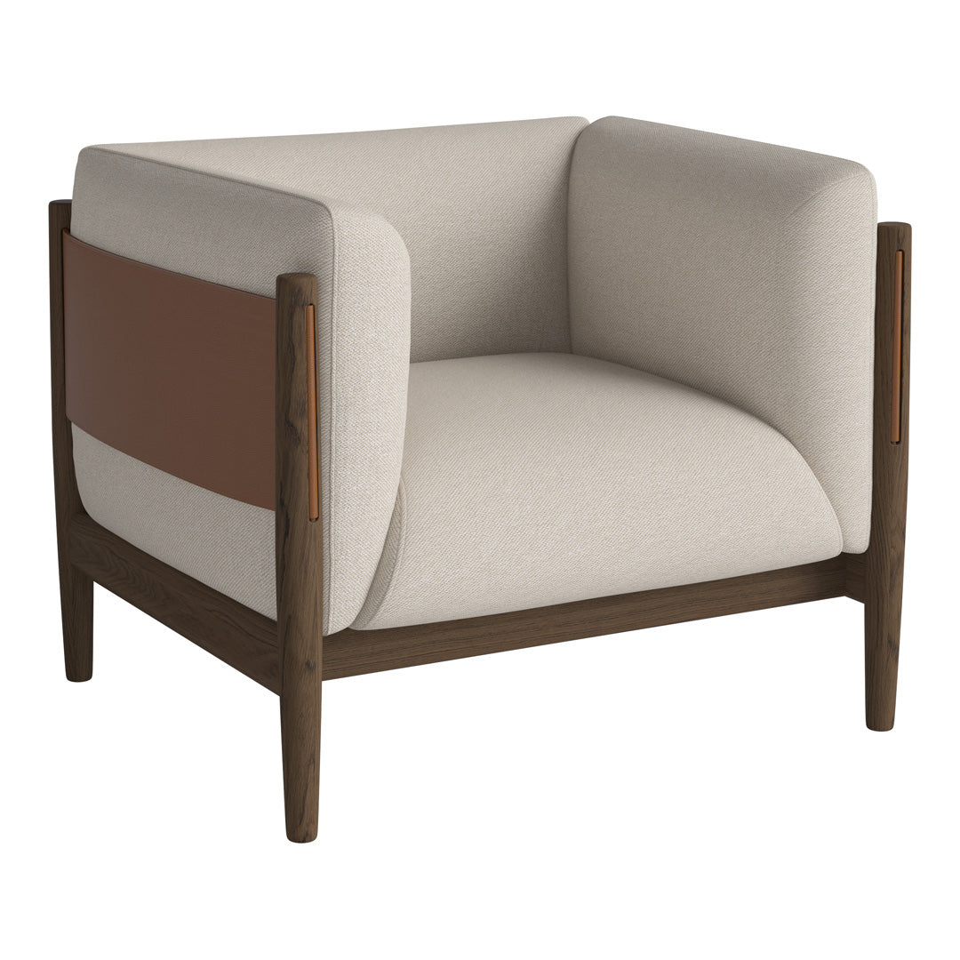 Beige upholstered armchair with brown accent, featuring a modern, minimalist design and wooden frame.
