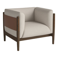 Beige upholstered armchair with brown accent, featuring a modern, minimalist design and wooden frame.