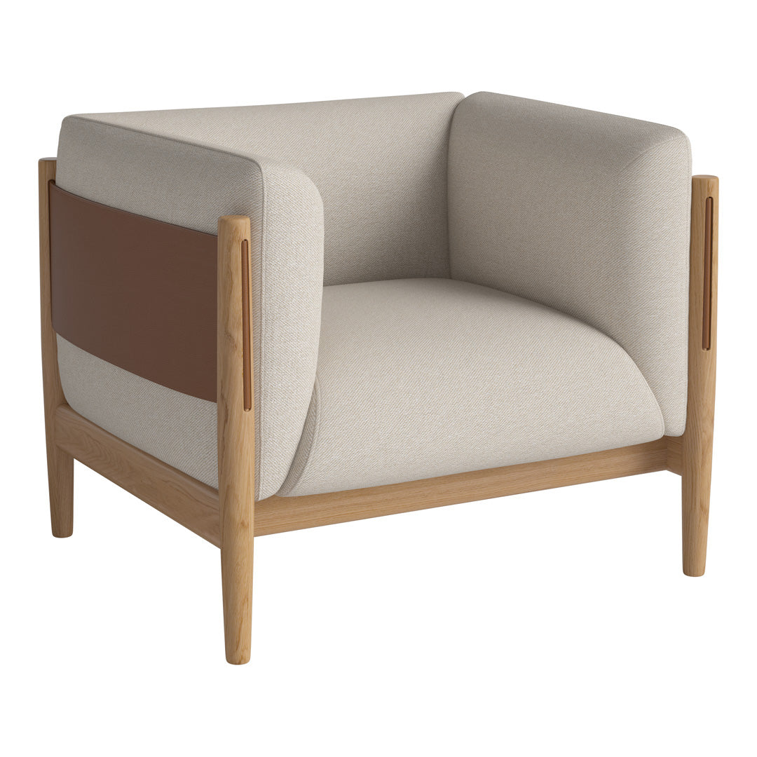 Beige armchair with brown and cream accents, featuring a modern, minimalistic design and wooden frame.