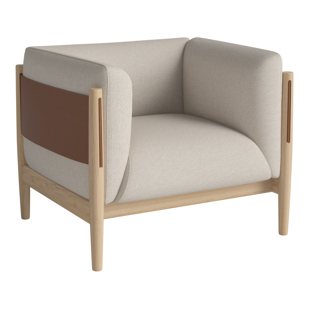 Beige armchair with soft brown accents and a minimalist design, featuring smooth lines and a wood frame.