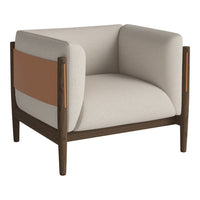 Beige modern armchair with a brown wooden frame and a stylish orange accent, featuring clean lines and minimalist design.