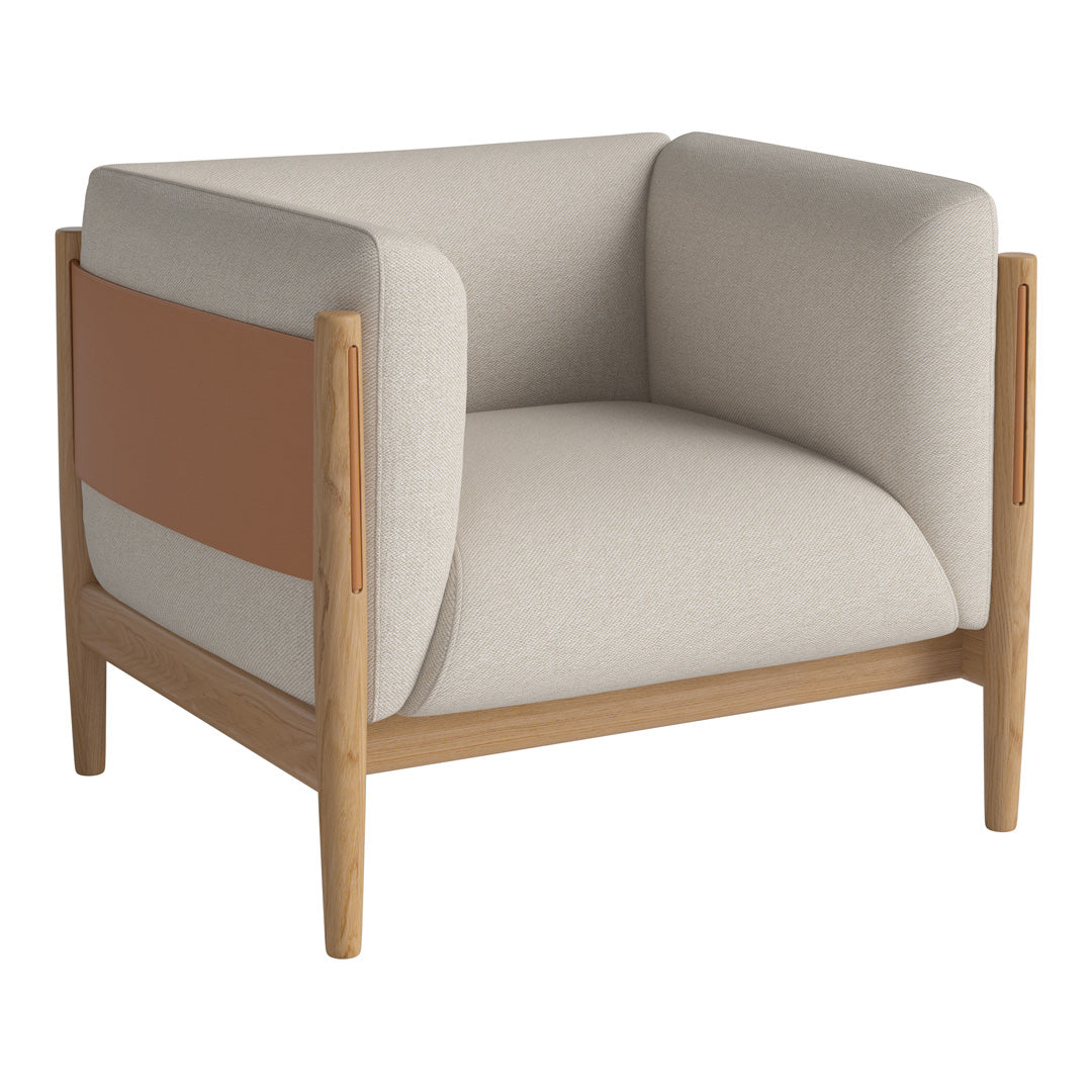 Beige and brown accent chair with modern design and smooth fabric, featuring a minimalist style and natural wood legs.