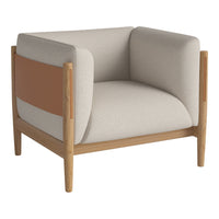 Beige and brown accent chair with modern design and smooth fabric, featuring a minimalist style and natural wood legs.