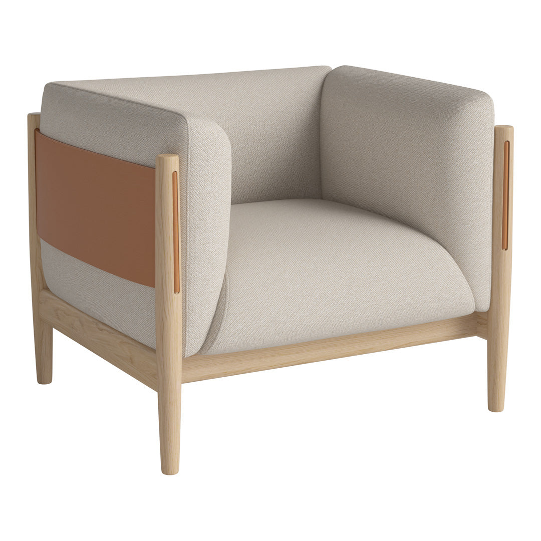 Beige armchair with tan accents and light wood frame, featuring a modern geometric design and minimalist style.