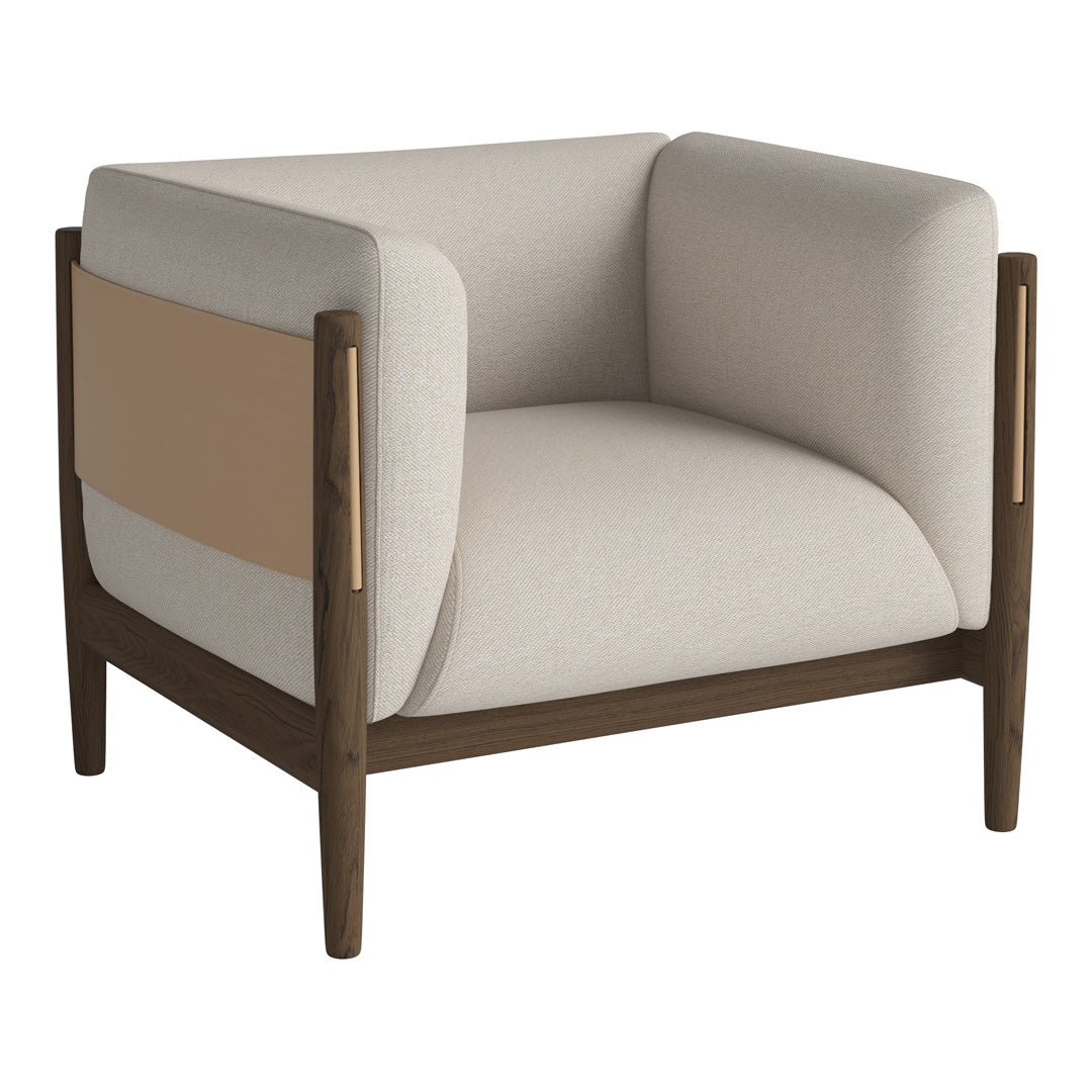 Beige and cream armchair with a wood frame and a brown accent panel on the back, featuring clean, modern lines.