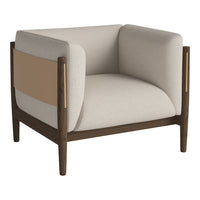 Beige and cream armchair with a wood frame and a brown accent panel on the back, featuring clean, modern lines.
