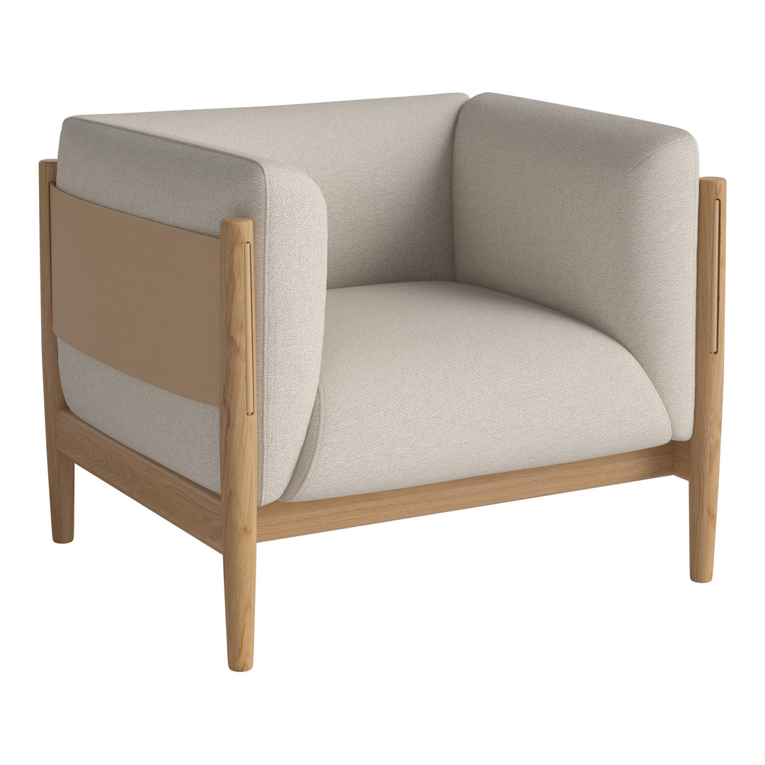 Beige and light tan armchair with smooth fabric and wooden frame, featuring a modern design with minimalistic patterns.