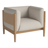 Beige and light tan armchair with smooth fabric and wooden frame, featuring a modern design with minimalistic patterns.