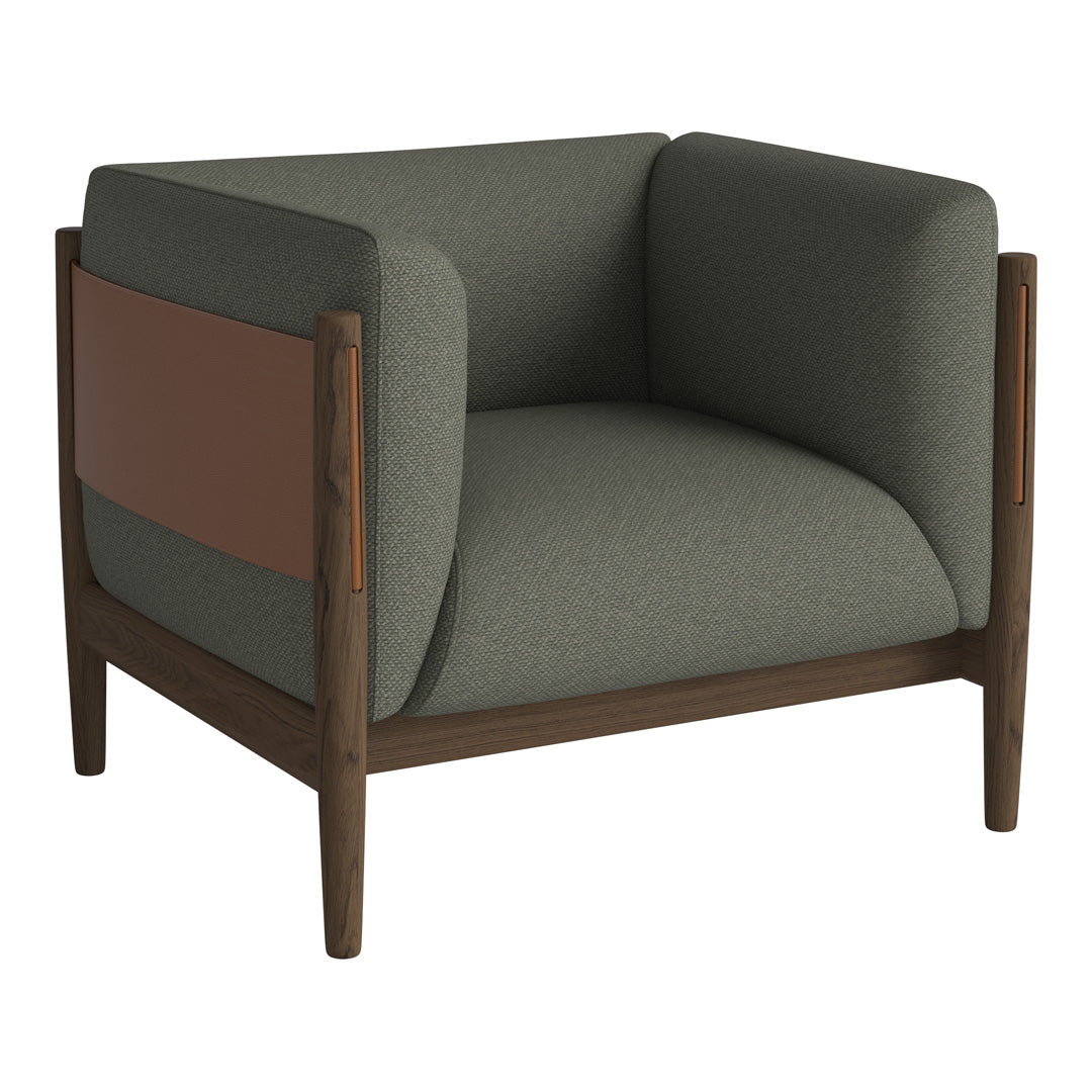 "Modern armchair featuring a gray and brown color scheme with a sleek, minimalist design and cozy upholstery."