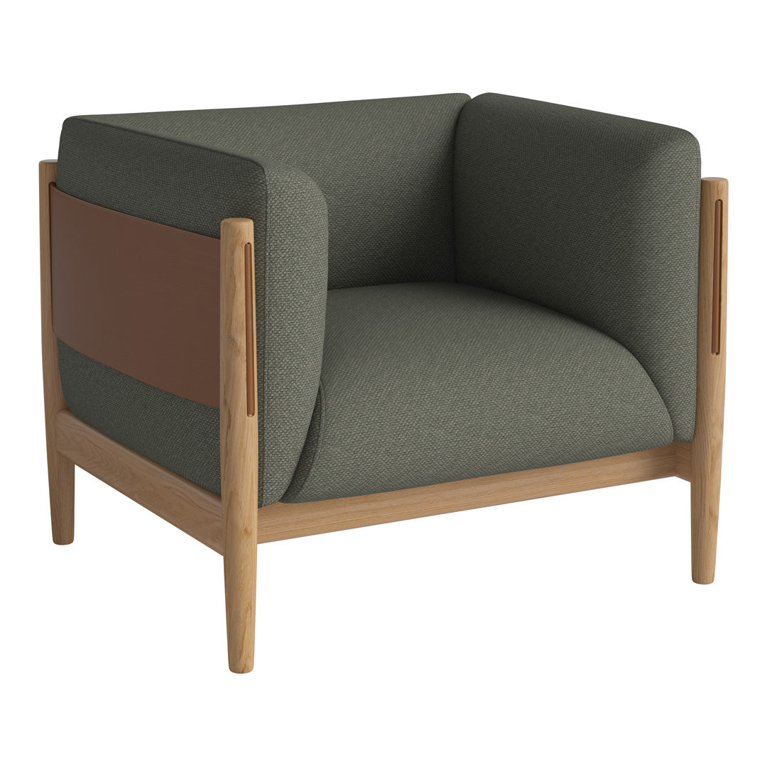 Modern armchair featuring dark green fabric and a contrasting brown accent, complemented by light wood legs.