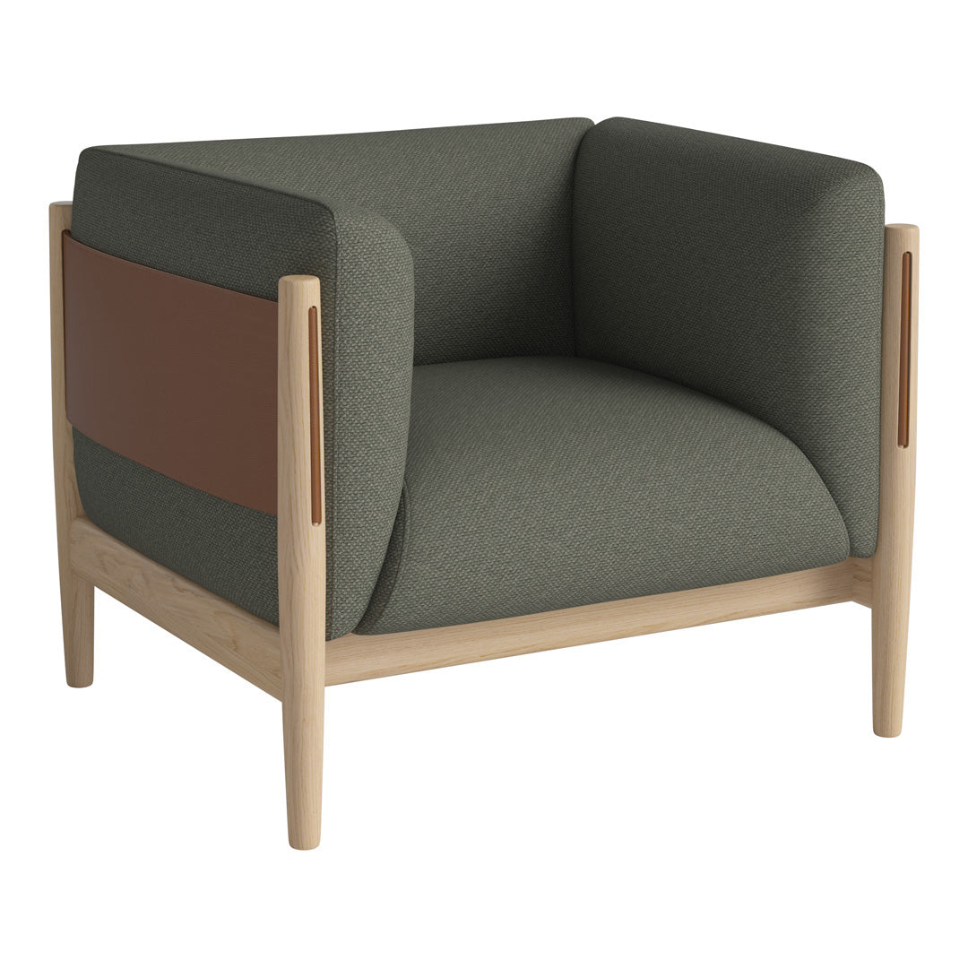 Modern green and brown upholstered armchair with a light wood frame, featuring clean lines and minimalistic design.