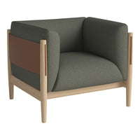 Modern green and brown upholstered armchair with a light wood frame, featuring clean lines and minimalistic design.