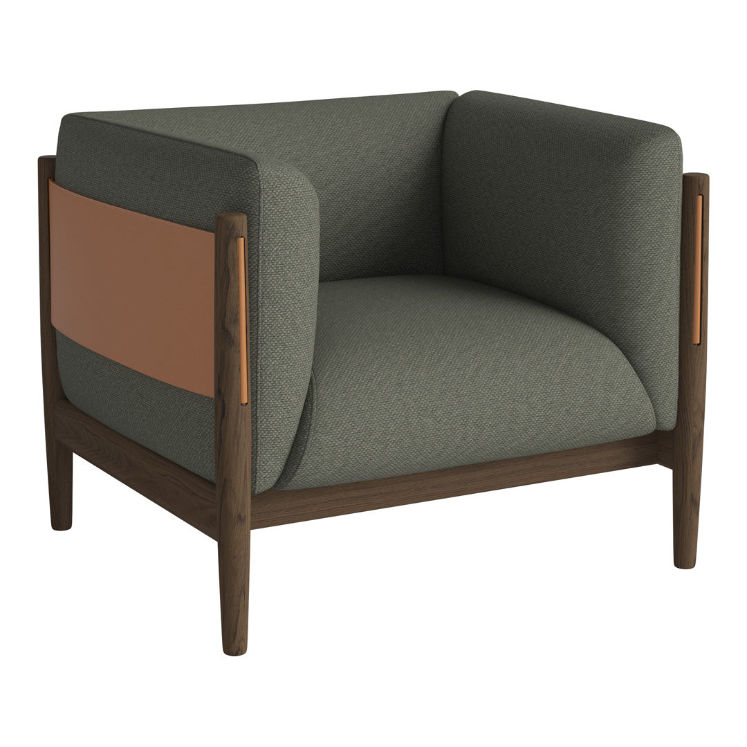Modern green and brown accent chair featuring a sleek wood frame and a unique color-blocked design with a warm copper panel.
