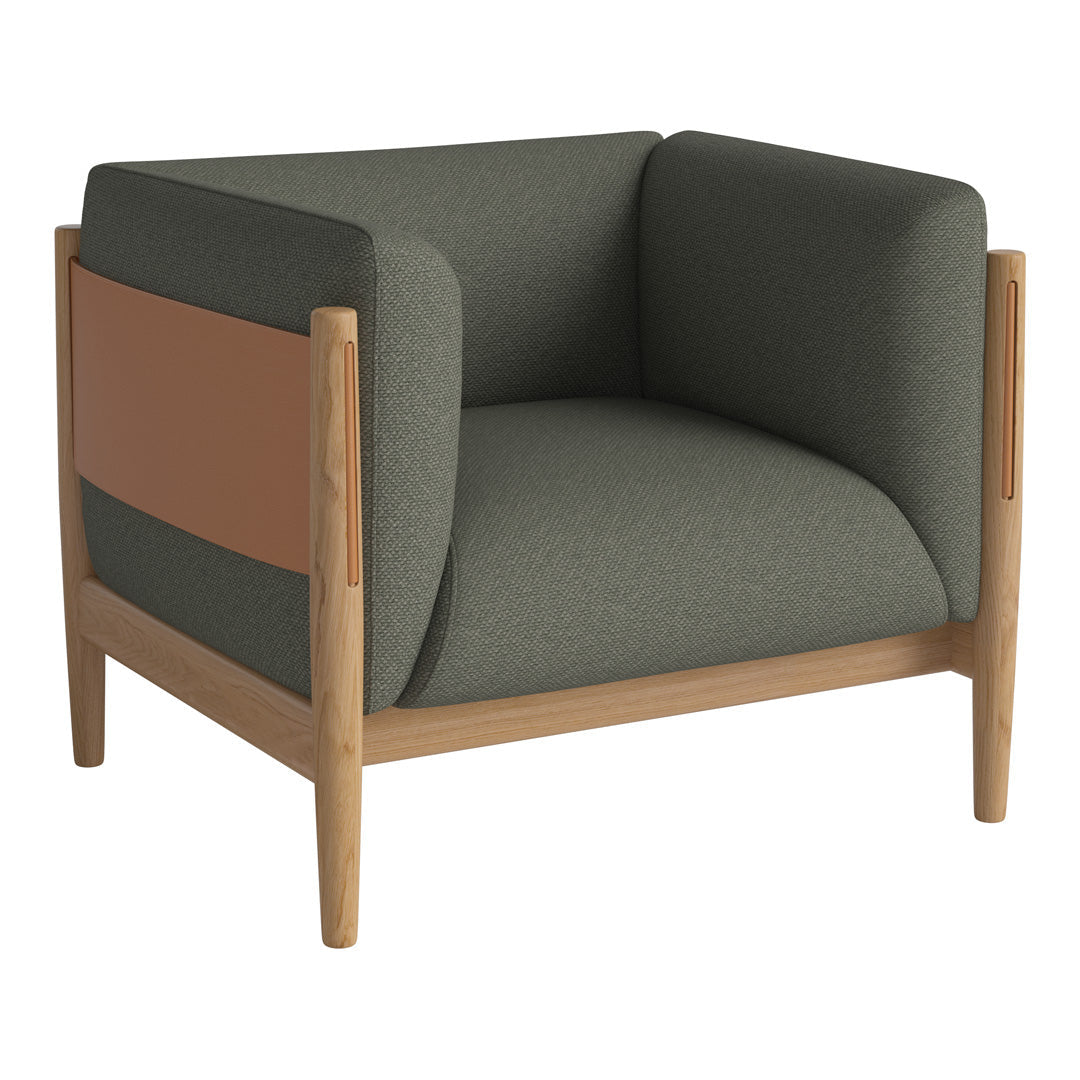 Green and beige upholstered armchair with wooden legs, featuring a modern two-tone design. Ideal for contemporary decor.