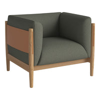 Green and beige upholstered armchair with wooden legs, featuring a modern two-tone design. Ideal for contemporary decor.
