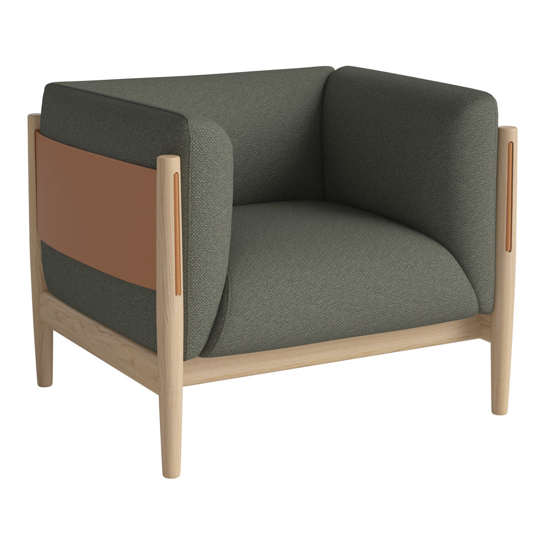 Green and beige armchair with a brown accent; minimalist design and modern color palette for stylish interiors.