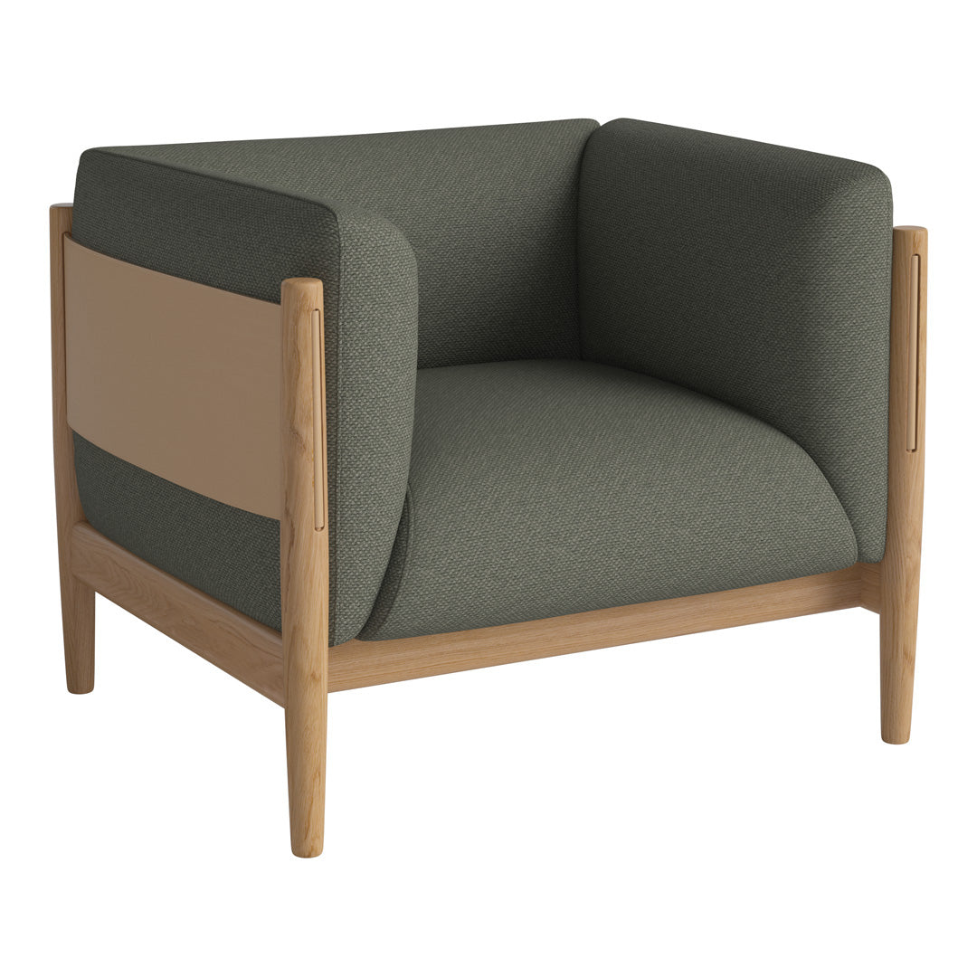 Green and beige modern armchair with wooden frame and smooth, minimalist design. Cozy and stylish seating option.