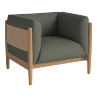 Green and beige modern armchair with wooden frame and smooth, minimalist design. Cozy and stylish seating option.