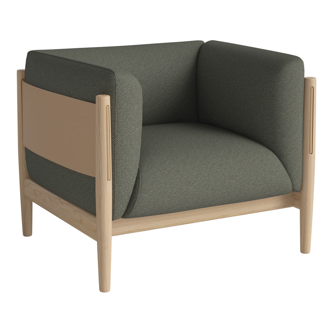 Modern armchair featuring a mix of dark green upholstery and light wood accents, creating a contemporary, minimalist look.