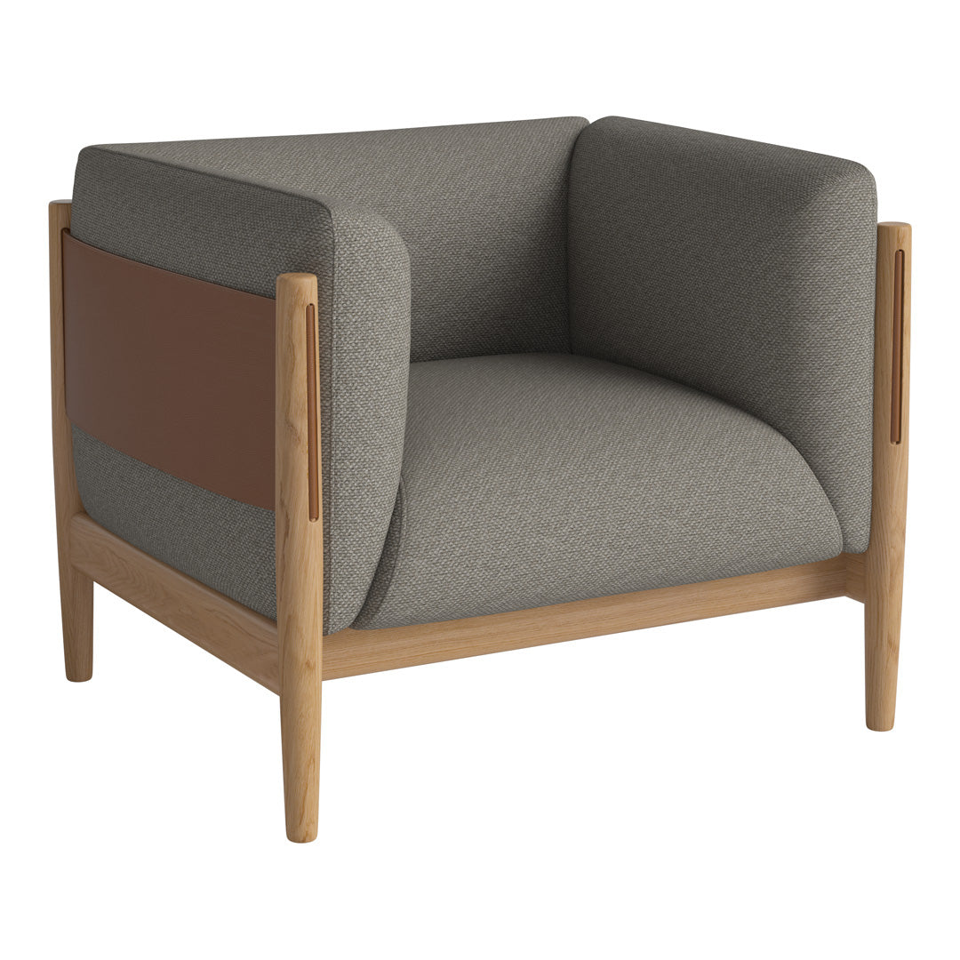 Modern gray armchair with a brown accent panel and light wood frame, featuring a minimalist design and clean lines.