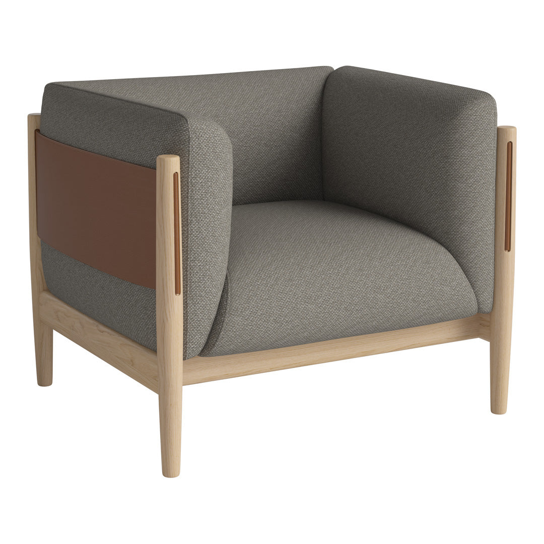 Gray upholstered chair with wooden legs and a brown accent panel, featuring a modern, minimalist design.